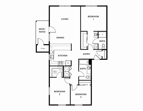 Floor plan for 3 beds, 2 baths, 1343 sqft